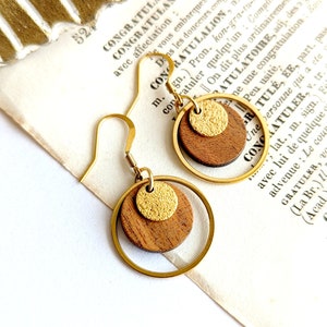 Women's wood and gold earrings in gold surgical stainless steel, gift for her, handmade jewelry, minimalist, Mother's Day image 1