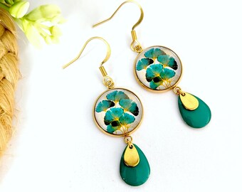 Boucles d'oreilles cabochons ginkgo feuille minimaliste pour femme, bijou bleu turquoise, cadeau pour elle, bijou artisanal, bijoux boho