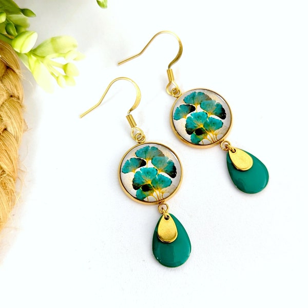 Boucles d'oreilles cabochons ginkgo feuille minimaliste pour femme, bijou bleu turquoise, cadeau pour elle, bijou artisanal, bijoux boho