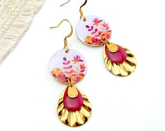 Boucles d'oreilles fleurs et feuilles rose et orange, Mon jardin d'été, cadeau pour femme