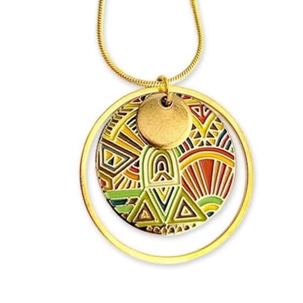 Collier pendentif ethnique, aztèque, pour femme, bijou vert anis et marron, idée cadeau pour elle, bijou art déco, cadeau artisanal