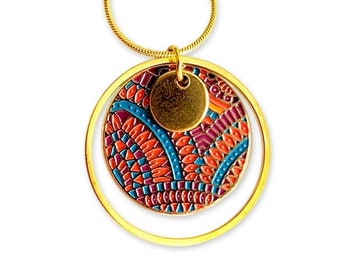 Collier or pendentif émaillé multicolore maya, inca,aztèque pour femme, cadeau pour elle, fait main, idée cadeau anniversaire femme