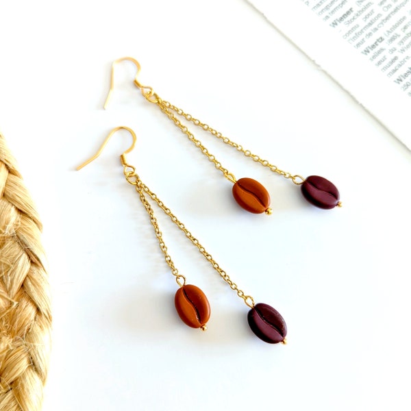 Boucles d'oreilles femme café en grains, bijoux en verre, boucles d'oreilles longues, bijou amusant et décalé, cadeau pour elle, bijou café