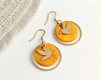 Boucles d'oreilles colibri jaune pour femme
