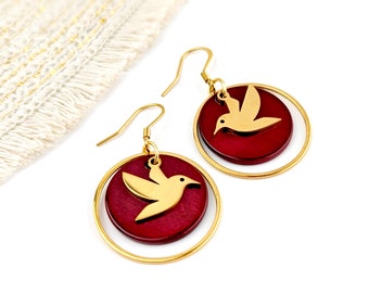 Boucles d'oreilles colibri rouge grenat pour femme