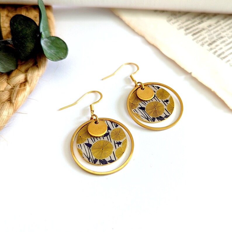 Women's gold earrings with yellow dandelion flowers, gift for her, handmade, boho women's jewelry, artisanal jewelry, costume jewelry image 1