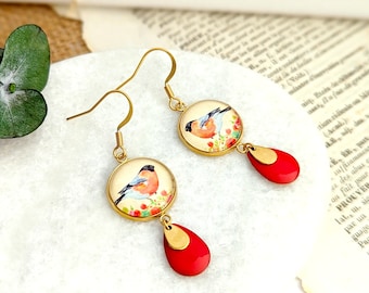 Boucles d'oreilles rouge-gorge et coquelicots pour femme, bijou bohème chic pour elle, bijoux fait main, cadeau femme, cadeau pour maman