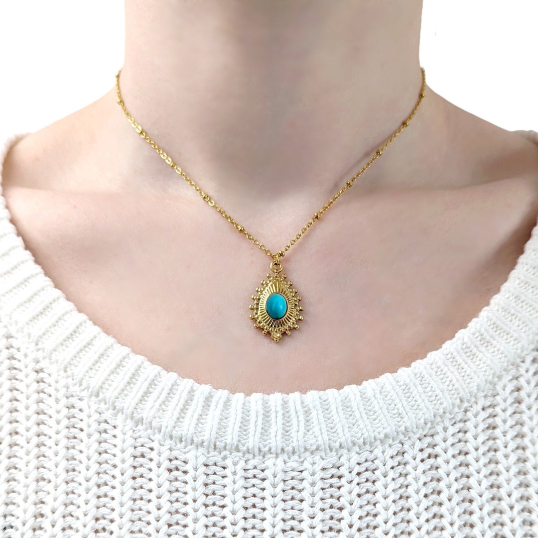 Minimalist Turquoise Drop Pendant Necklace for Women, Blue and Gold