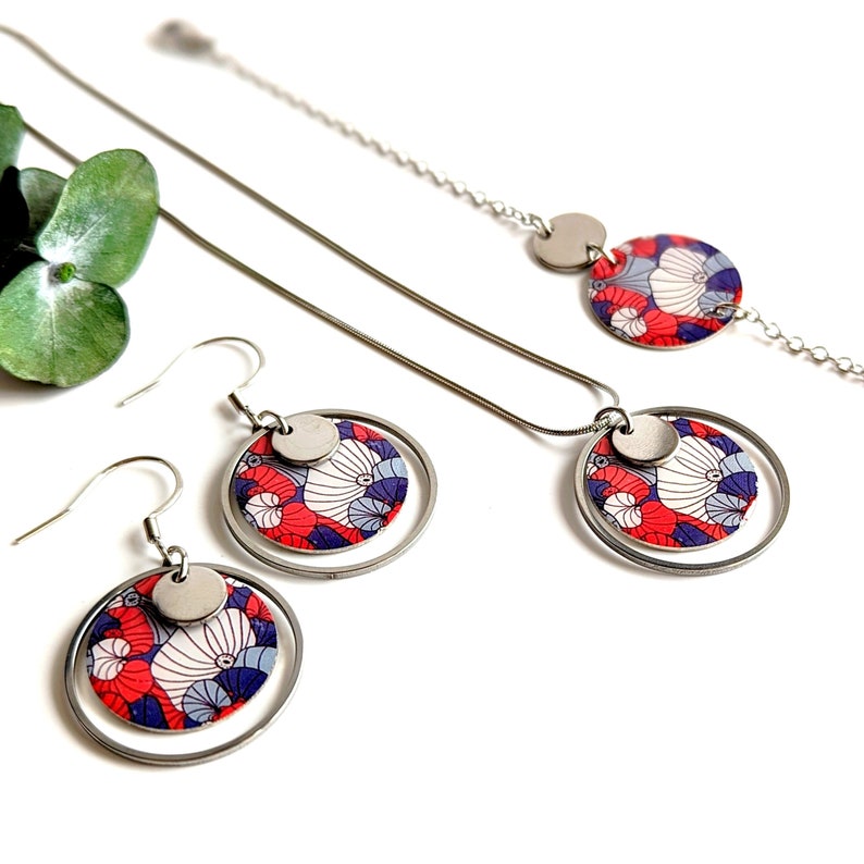 Japanese blue red and silver women's jewelry set, necklace, bracelet and earrings, mom gift, gift for her image 1