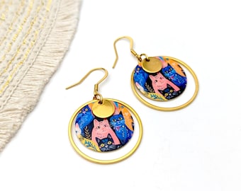 Boucles d'oreilles fantaisie motif chats multicolores pour femme