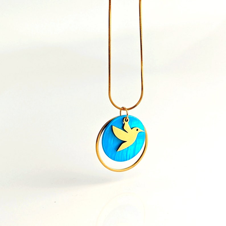 Cyan Blue Hummingbird Necklace for Women, Bird Pendant Necklace