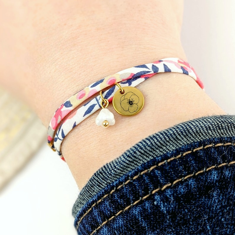 Bracelet cordon Liberty personnalisé fleur de naissance, cadeau bijou personnalisé, bracelet breloque personnalisé pour marraine, pour maman image 8