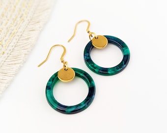 Women's resin dangle earrings, stainless steel, dark green earrings, boho jewelry, gift for her, fashion jewelry