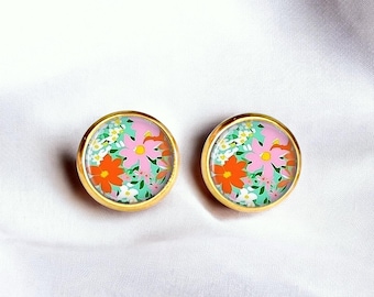 Boucles d'oreilles puces cabochons, acier inoxydable chirurgical Fleurs
