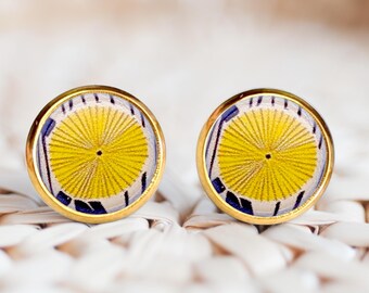 Boucles d'oreilles puces cabochons motif pissenlit jaune