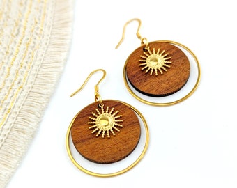 Boucles d'oreilles femme bois et or en acier inoxydable