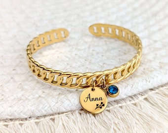 Bracelet jonc médaille personnalisé et pierre de naissance femme