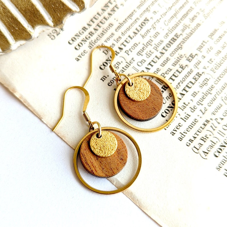 Women's wood and gold earrings in gold surgical stainless steel, gift for her, handmade jewelry, minimalist, Mother's Day image 1