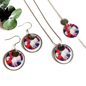 Parure de bijoux femme japonais bleu rouge et argent, collier, bracelet et boucles d'oreilles, cadeau maman, cadeau pour elle image 2