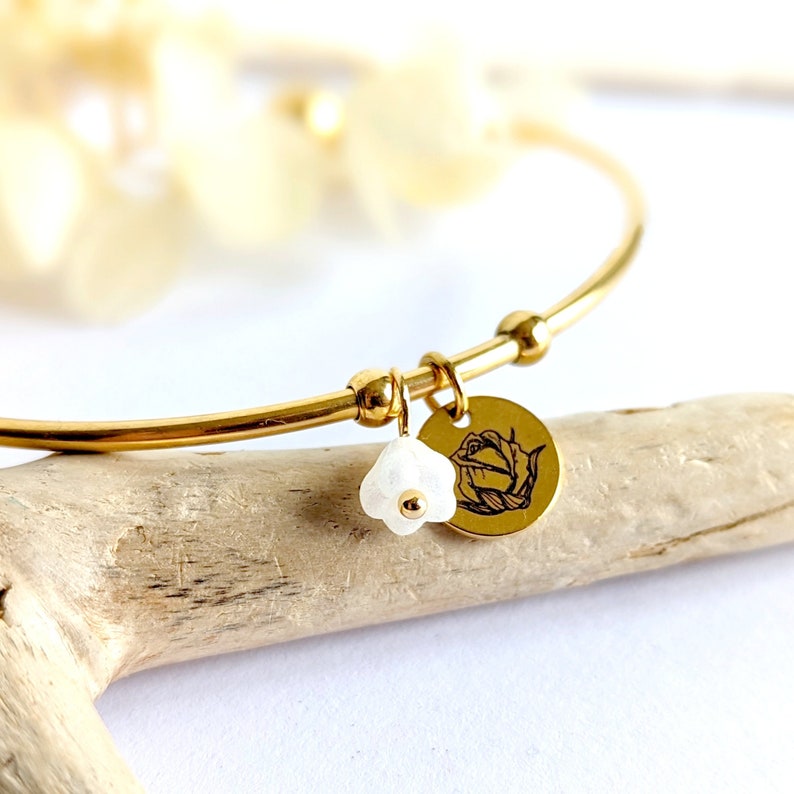 Birth flower and birthstone bangle bracelet, personalized women's jewelry, women's birthday gift idea, gift for her image 1