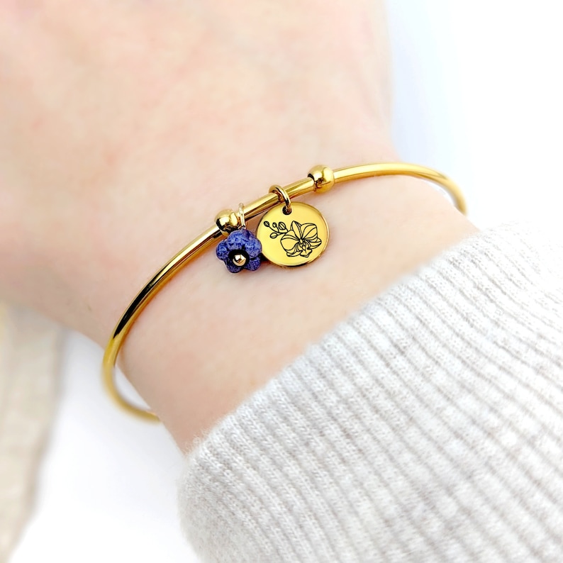 Birth flower and birthstone bangle bracelet, personalized women's jewelry, women's birthday gift idea, gift for her image 8