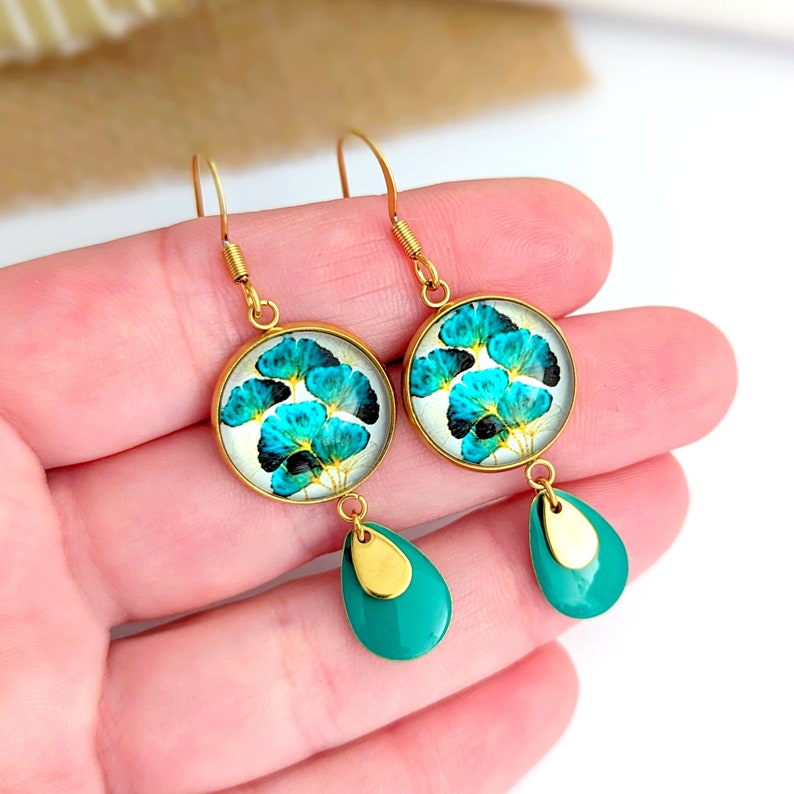 Ginkgo leaf cabochon earrings for women, turquoise blue jewelry, mom gift, gift for her, artisanal jewelry, boho jewelry image 4