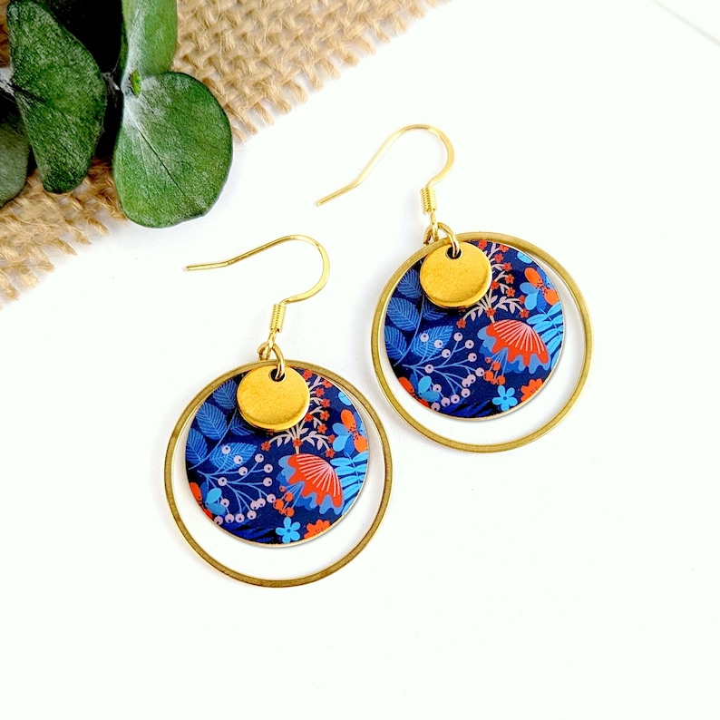 Women's gold boho earrings, blue orange red Women's costume jewelry, handmade gift Colorful boho jewelry, gift for her image 1