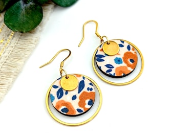 Boucles d'oreilles en bois et tissu Liberty boho chic or pour femme