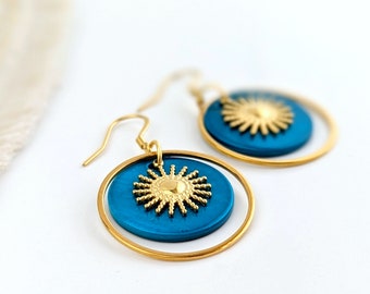 Boucles d'oreilles femme bleu canard et soleil