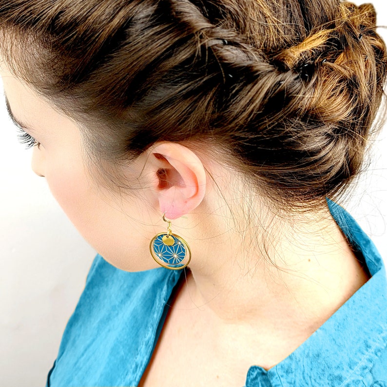 Parure bijoux émaillés étoiles bleu paon style origami pour femme : collier bracelet boucles d'oreilles, idée cadeau pour elle image 4