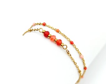 Bracelet femme double rang perles de jade orangé - Or ou Argent