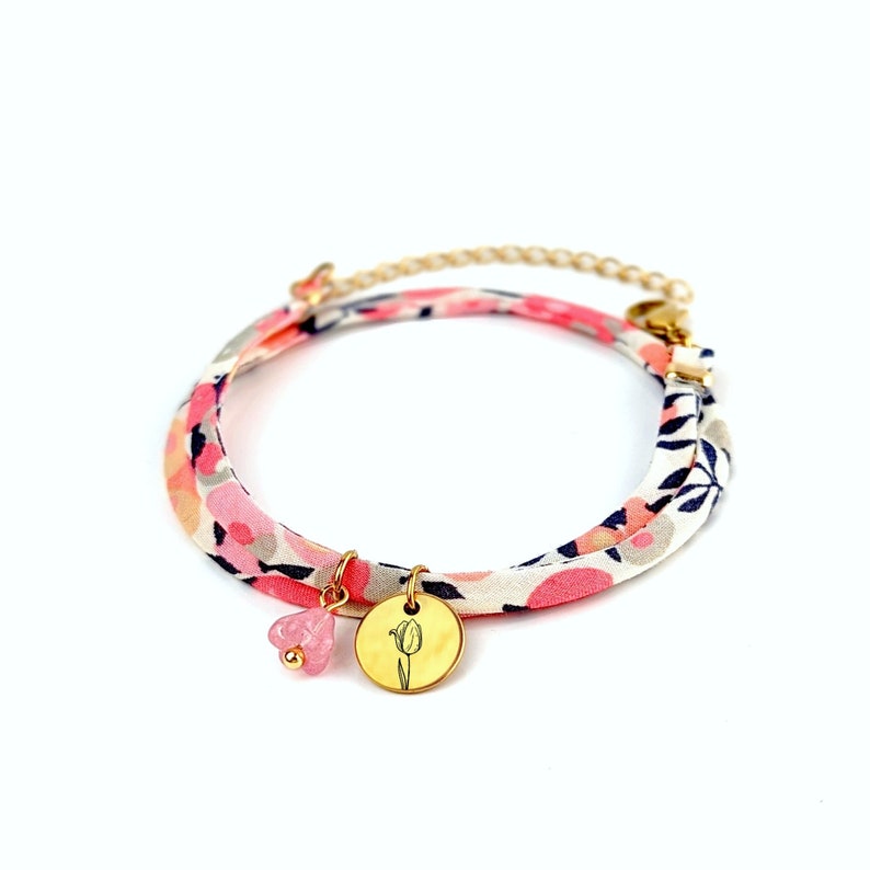 Bracelet cordon Liberty personnalisé fleur de naissance, cadeau bijou personnalisé, bracelet breloque personnalisé pour marraine, pour maman image 1