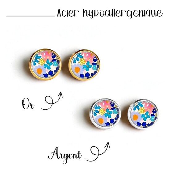 Boucles D'oreilles Clous Fleur Faits Main - Acier Inox, Cabochon Pâte Polymère, Neuf Sans Emballage
