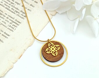 Collier or pendentif rond en bois pour femme