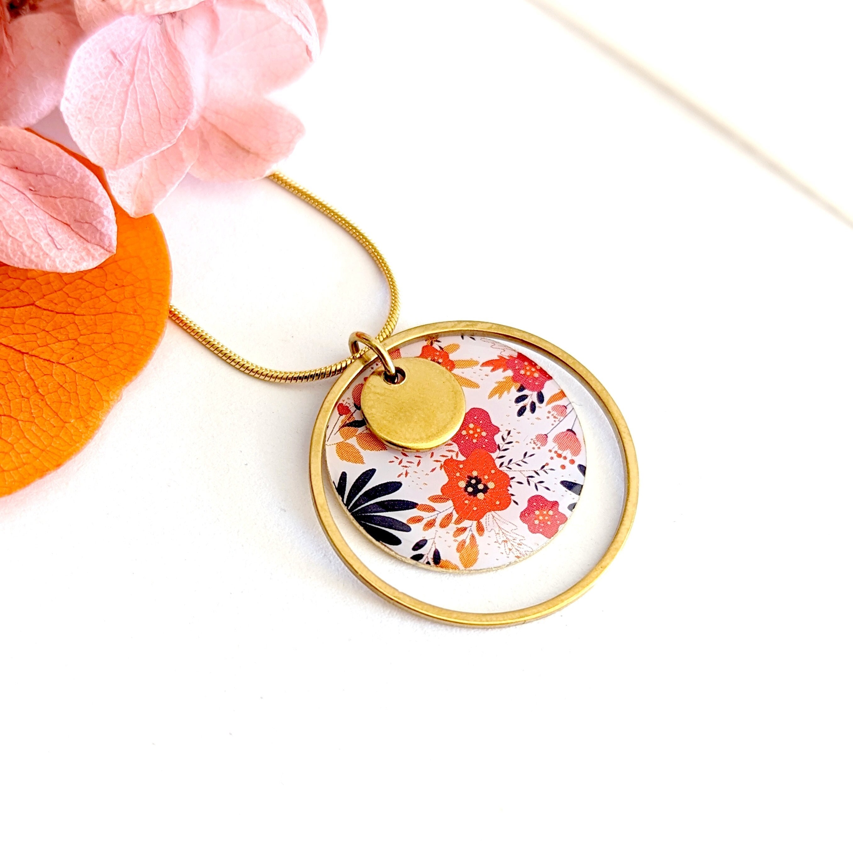 Brass Pendant Necklace, Star Anise in Resin Round