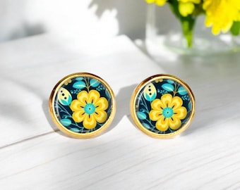 Boucles d'oreilles puces cabochons fleurs jaunes pour femme, pour fille
