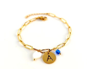Bracelet breloques lettres initiales et coeur en nacre pour femme
