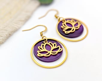 Boucles d'oreilles Fleur de Lotus et nacre violet pour femme