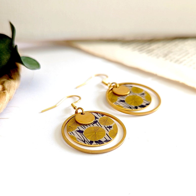 Women's gold earrings with yellow dandelion flowers, gift for her, handmade, boho women's jewelry, artisanal jewelry, costume jewelry image 3