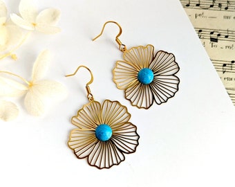 Boucles d'oreilles ultra légères fleurs et turquoise pour femme, bijou pierre naturelle de turquoise, bijoux fantaisie, cadeau pour maman