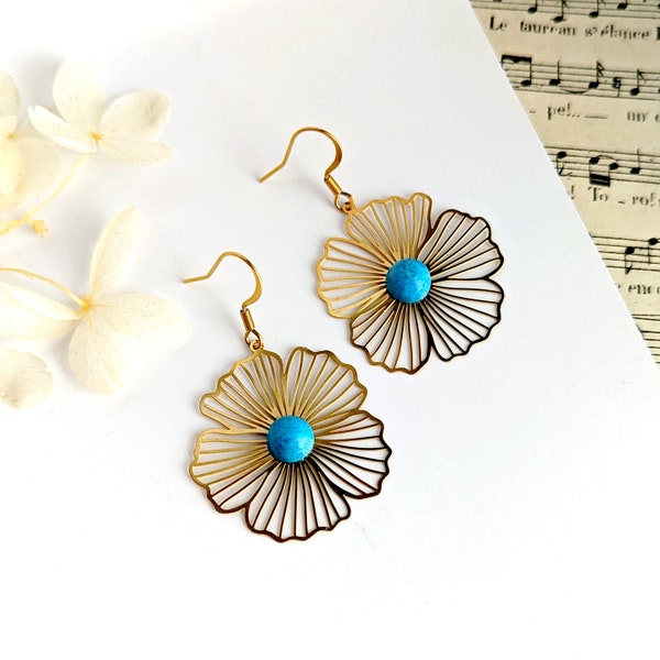 Boucles d'oreilles ultra légères fleurs et turquoise pour femme, bijou pierre naturelle de turquoise, bijoux fantaisie, cadeau pour maman