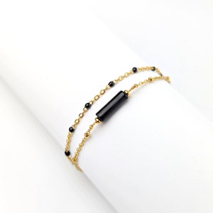 Bracelet pierre d'onyx noir et or pour femme, bracelet femme double rang, bijoux minimalistes, cadeau pour elle, idée cadeau femme image 5