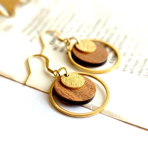 Women's wood and gold earrings in gold surgical stainless steel, gift for her, handmade jewelry, minimalist, Mother's Day image 2