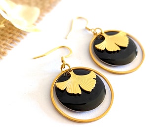 Pendientes ginkgo negro y dorado, pendientes para mujer, joyería elegante, regalo para ella, joyería hecha a mano, regalo para mamá