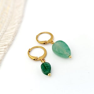 Mono boucle d'oreille dormeuse aventurine verte et acier chirurgical femme, à l'unité, pierre naturelle vert d'eau et or, cadeau pour elle image 3