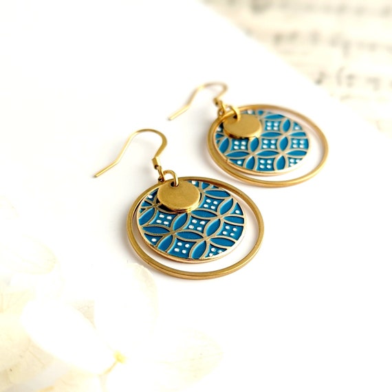 Women s Duck Blue Earrings With Japanese Pattern Gift for Her Handmade Art Deco Jewelry Boho Chic Jewelry Minimalist Gold Jewelry Etsy Canada
