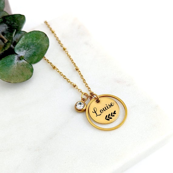 Collar con colgante doble, joyería de piedra de nacimiento personalizada, collar con nombre grabado, regalo de nacimiento, regalo para mamá, joyería única - Etsy España