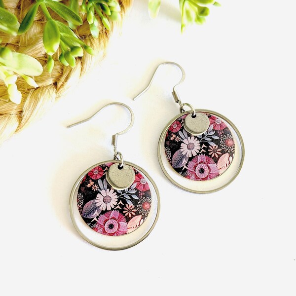 Boucles d'oreilles fleurs colorées, boucles d'oreilles argent femme, bijoux bohème, bijoux argent violet rose pour femme, cadeau pour elle