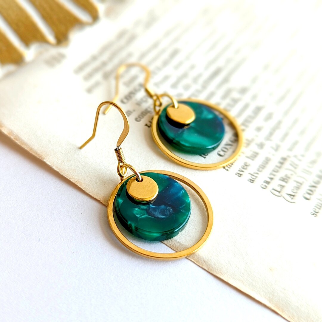 Orecchini in resina da donna, orecchini verde scuro, oro o argento