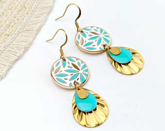 Boucles d'oreilles fleurs vert menthe et or pour femme